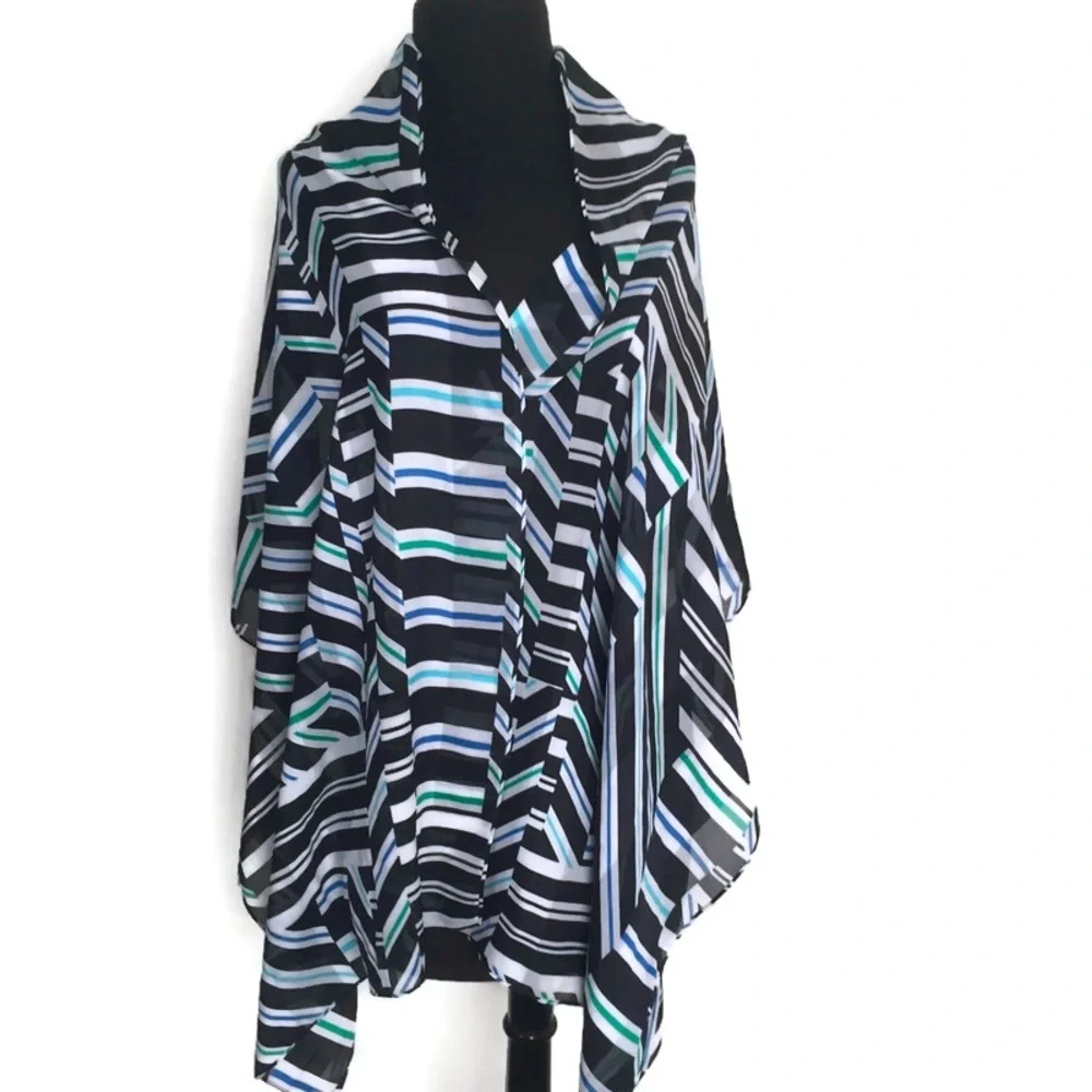Large Sheer Scarf Calvin Klein Geometric Striped Print Blue Green White Black